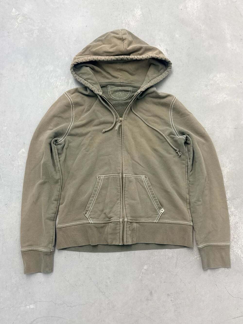 Vintage Faded Olive Green Zip Up Hoodie Contrast Stitch Earth Tone Grunge Y2K